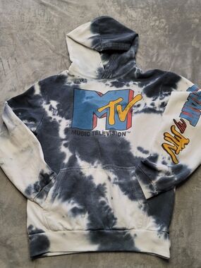 Aéropostale I Want My MTV Tie-Dye Pullover Hoodie Black White Graphic Men's Size